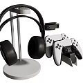 Modern Entertainment Electronics Featuring Black Headphones And White Game Controllers On Stand 3d model