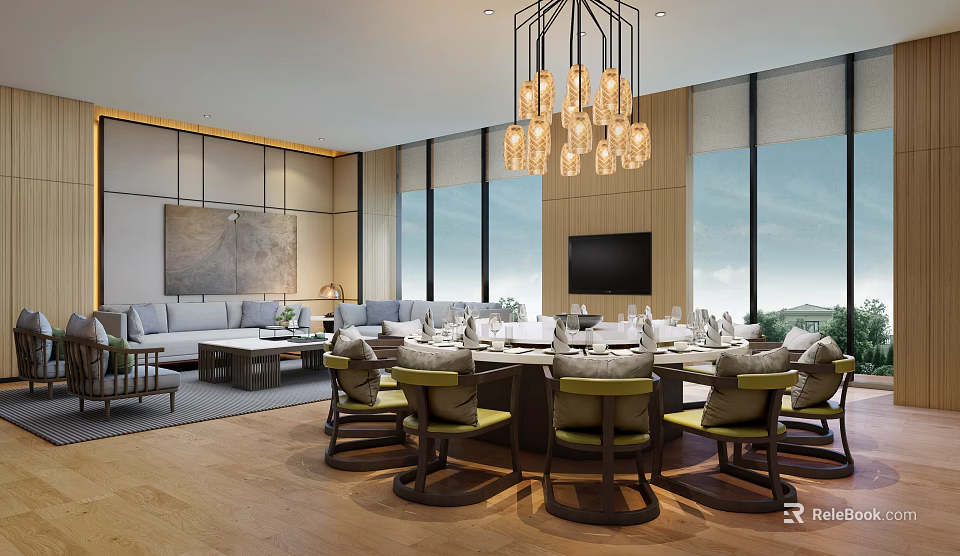 Elegant Private Dining Room With Round Dining Table Chairs Chandelier Sofa TV And Large Windows 3d model 