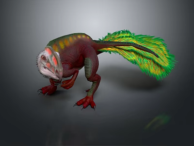 3D Rendered Feathered Dinosaur with Vibrant Green Tail Red Body and Sharp Claws 3d model