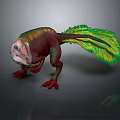 3D Rendered Feathered Dinosaur with Vibrant Green Tail Red Body and Sharp Claws