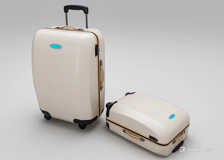 Large And Small White Travel Suitcases With Blue Logo Brown Trim Black Wheels Telescopic Handle 3d model 