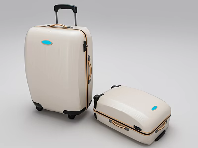 Large And Small White Travel Suitcases With Blue Logo Brown Trim Black Wheels Telescopic Handle 3d model