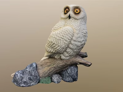 White Owl Sculpture Perched on Wooden Branch With Gray Rocks and Neutral Background 3d model