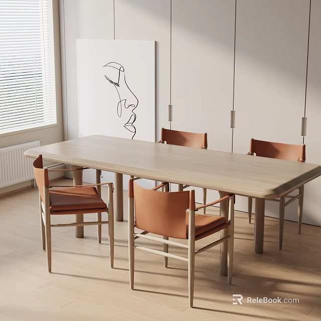 Light Wood Dining Table Set With Brown Leather Chairs Abstract Art And Pendant Lights 3d model 