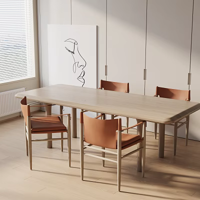 Light Wood Dining Table Set With Brown Leather Chairs Abstract Art And Pendant Lights 3d model
