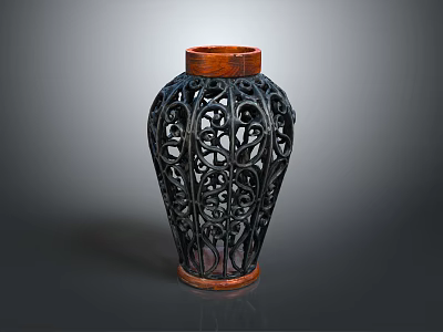 Traditional Furniture Decorative Vase with Black Openwork Design and Red Wooden Accents 3d model