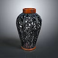 Traditional Furniture Decorative Vase with Black Openwork Design and Red Wooden Accents
