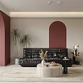 Modern Living and Dining Room Interior With Leather Sofa Round Coffee Table TV and Bookshelf