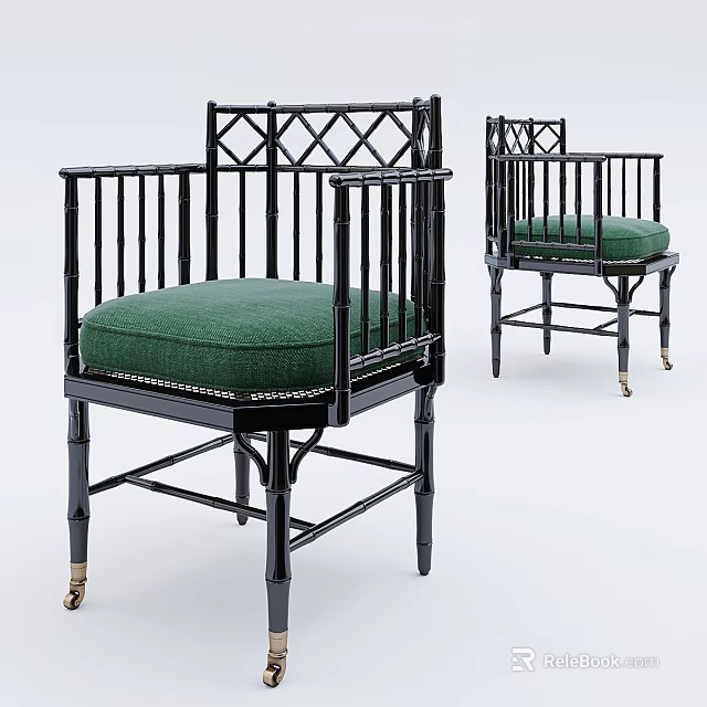 Lattice Back Dining Chairs With Black Frame Railed Armrests And Green Padded Seat 3d model 