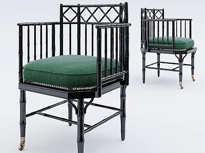 Lattice Back Dining Chairs With Black Frame Railed Armrests And Green Padded Seat 3d model