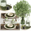 Green Toned Tableware Set With Plates Bowls Glassware And Decor