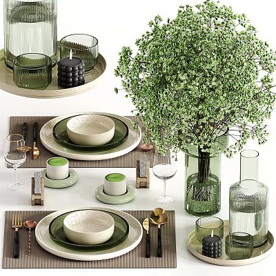 Green Toned Tableware Set With Plates Bowls Glassware And Decor 3d model