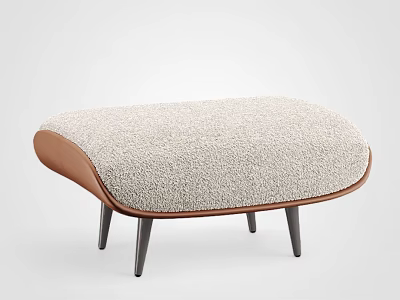 Modern Beige Ottoman With Fluffy Fabric Upholstery Leather Trim And Black Tapered Legs 3d model