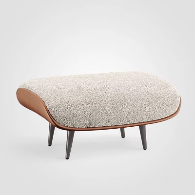 Modern Beige Ottoman With Fluffy Fabric Upholstery Leather Trim And Black Tapered Legs 3d model