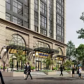Modern Multi Story Office Building Exterior With Large Glass Windows Illuminated Facade And Surrounding Trees