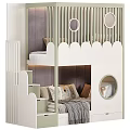 Cute Kids Bunk Bed With Scalloped Guardrails Circular Windows White Light Green Staircase Mattress Pillows