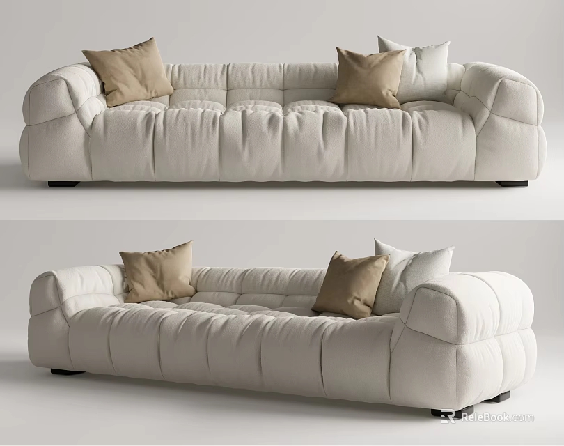Modern White Tufted Sectional Sofa With Padded Seat Sections And Beige Pillows 3d model 