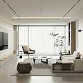 Modern Living Room With TV Sofa Chair Coffee Table Plant And Floor to Ceiling Windows