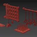 Medieval Wooden Weapon Rack With Metal Axes Spearheads And Defense Traps Model Set