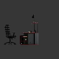 Curved Office Desk With Dual Monitors Desk Lamp Ergonomic Chair And Storage Shelves