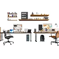 Modern Office Desk Setup With Dual Monitors Office Chairs Bookshelves Decorations And Desk Lamps