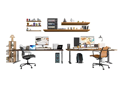 Modern Office Desk Setup With Dual Monitors Office Chairs Bookshelves Decorations And Desk Lamps 3d model