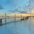 Grand Modern Cable Stayed Sea Crossing Highway Bridge Spanning Calm Ocean Under Beautiful Sunset Sky