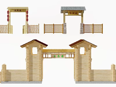 Traditional Chinese Style Entrance Gate With Wooden Archway Red Lanterns And Bamboo Fences 3d model