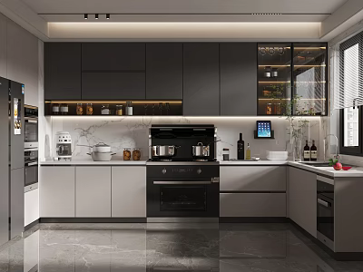 Modern Kitchen Interior Featuring Gray White Cabinets Marble Countertop Smart Screen And Green Plants 3d model