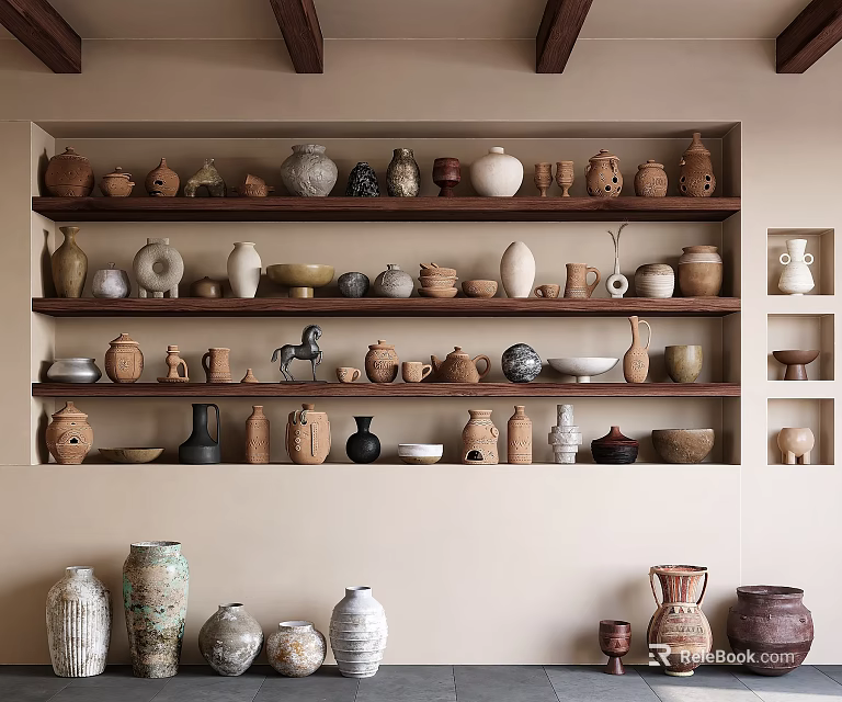 Ceramic Vessels Displayed On Wooden Shelves With Various Shapes And Earthy Tones 3d model 