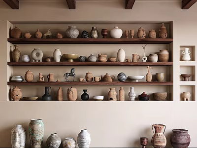 Ceramic Vessels Displayed On Wooden Shelves With Various Shapes And Earthy Tones 3d model