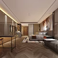 Modern Hotel Room Interior With King Bed Sofa Desk Herringbone Wooden Floor And Ambient Lighting