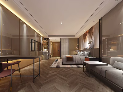 Modern Hotel Room Interior With King Bed Sofa Desk Herringbone Wooden Floor And Ambient Lighting 3d model