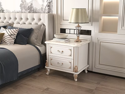 Elegant White Nightstand With Two Drawers Gold Accents Table Lamp Beige Lampshade And Fruit Plate 3d model