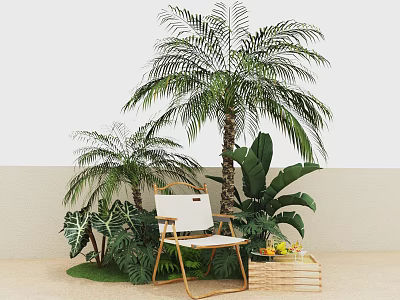 Lush Plant Combination With Palm Trees Large Leafy Plants Wooden Chair And Fruit Basket 3d model