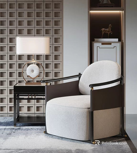 Beige Single Sofa With Dark Armrests Side Table Lamp And Lattice Background Wall 3d model