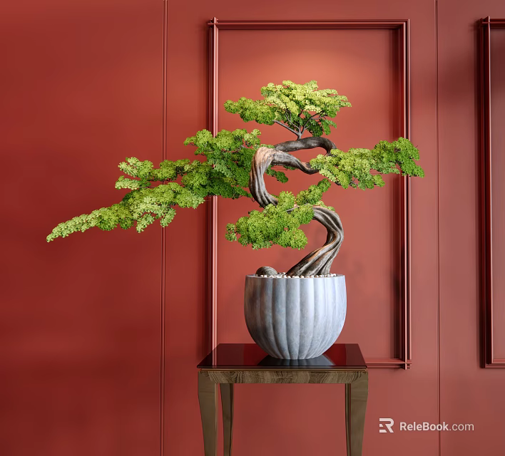 Bonsai Tree With Twisted Trunk And Green Foliage In White Pot On Red Wall Background 3d model 