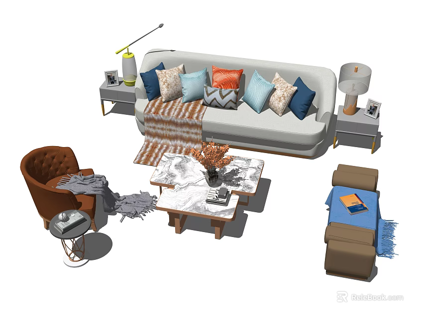 Stylish Sofa And Coffee Table Set With Colorful Pillows Patterned Rug And Side Tables 3d model