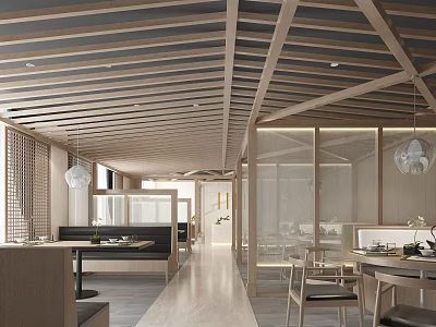 Modern Restaurant Interior With Wooden Ceiling Open Design Sofa Seating And Pendant Lights 3d model