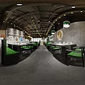 Modern Hot Pot Restaurant Interior With Green Counter Hanging Lights And Seating Area