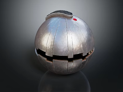Silver Metallic Spherical Device With Striped Surface Top Component Red Dot And Bottom Opening 3d model