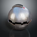 Silver Metallic Spherical Device With Striped Surface Top Component Red Dot And Bottom Opening 3d model