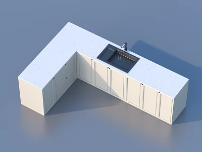 Modern White L Shaped Kitchen Cabinets With Countertop Sink And Faucet 3d model
