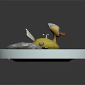 Cartoon Scene With Yellow Duck Floating In Round Blue Pool And Stone Green Leaf