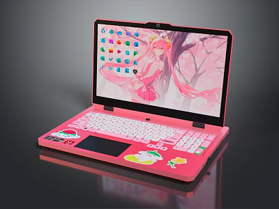 Pink Electronic Laptop With Anime Girl Wallpaper And Cute Keyboard Stickers 3d model