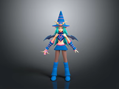 Woman With Blue Hair And Horned Wizard Hat In Colorful Outfit With Wings 3d model