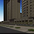 Modern Commercial Street Lined with High Rise Buildings Stylish Storefronts Benches Greenery and Parked Cars