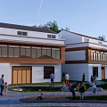 Modern Rural Self built House With White Exterior Green Lawn And People Gathering
