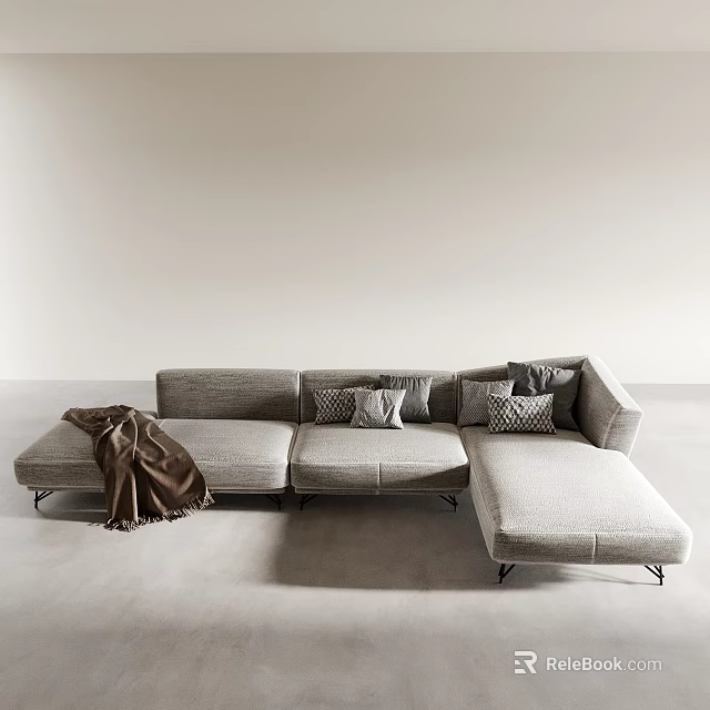 Modern Light Gray Sectional Sofa With Decorative Pillows And Brown Throw Blanket 3d model 