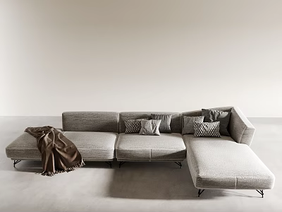 Modern Light Gray Sectional Sofa With Decorative Pillows And Brown Throw Blanket 3d model